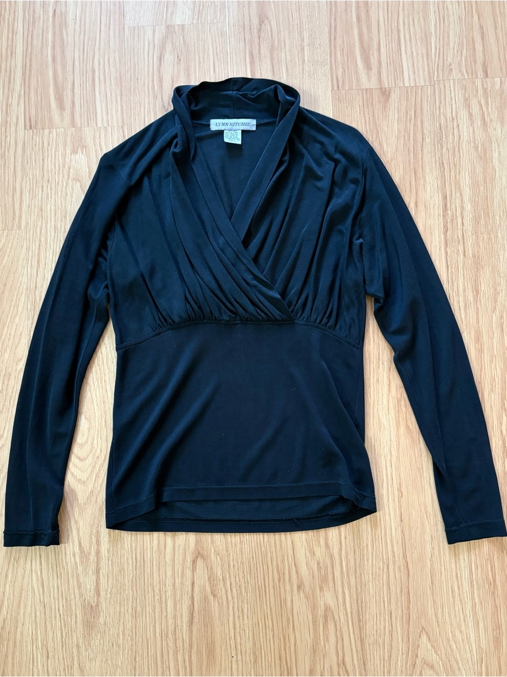 Vintage Lynn Ritchie silk black long sleeve draped stretch top sz L whimsigoth
